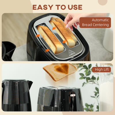 HOMCOM Kettle and Toaster Set, 1.7L 3000W Fast Boil Kettle & 2 Slice Toaster Kitchen Set with 7 Level Browning Controls, Defrost, Reheat, Boil-dry Protection, Black 