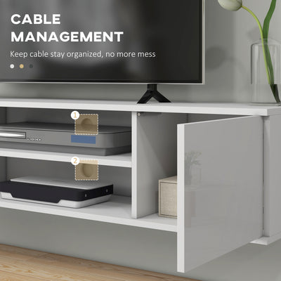 HOMCOM Floating TV Stand Cabinet for TVs up to 60", Wall Mounted TV Unit with Open Shelf, Storage Cupboards and Cable Management for Living Room, White 