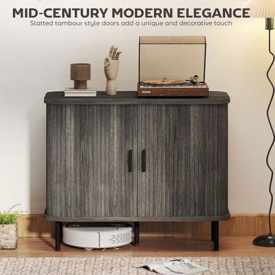 HOMCOM Mid-Century Modern Sideboard Storage Cabinet with Slatted Tambour Sliding Doors, Kitchen Cabinet with Steel Legs, Grey 