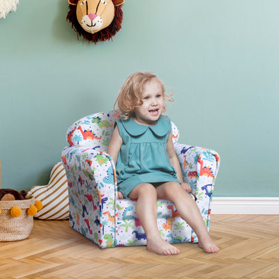 HOMCOM Children Armchair Kids Sofa Tub Chair Seat Cartoon Dinosaur Pattern Bedroom Flannel Wooden Frame Non-slip Playroom Seater 