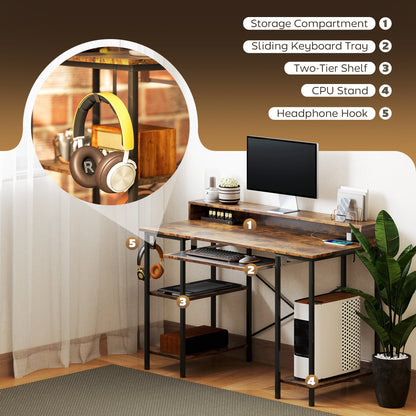 HOMCOM Computer Desk with LED Lights and Power Outlets, 120 x 55 cm Reversible Gaming Desk with Monitor Stand, Sliding Keyboard Tray and Storage Shelves for Home Office, Rustic Brown 