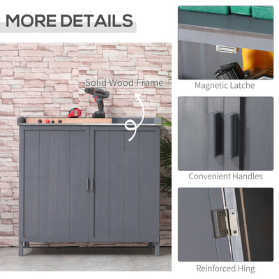 Outsunny Garden Storage Cabinet, Outdoor Tool Shed, Potting Bench Table with Galvanized Top and Two Shelves for Yard Tools or Pool Accessories, Grey 