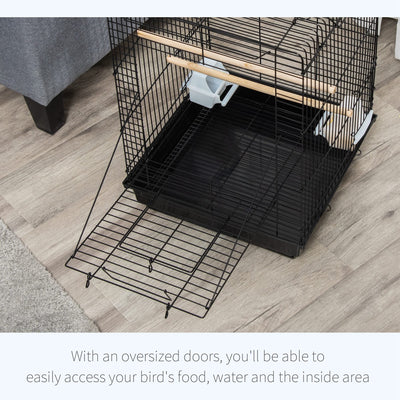 PawHut Steel Bird Cage with Openable Top, Stand, Tray, Handles, Feeding Bowls for Parakeet, Finch - Black 