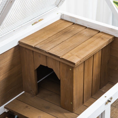 PawHut Wooden Rabbit Hutch, Bunny Cage w/ Tray, Ramp, Openable Roof, Wheels, 91.5 x 53.3 x 73cm - Brown 