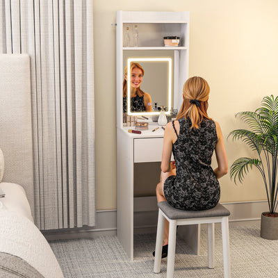 HOMCOM Small Vanity Desk with Mirror and LED Lights, Compact Dressing Table with Drop Leaf, Open Shelves and Drawer, White 