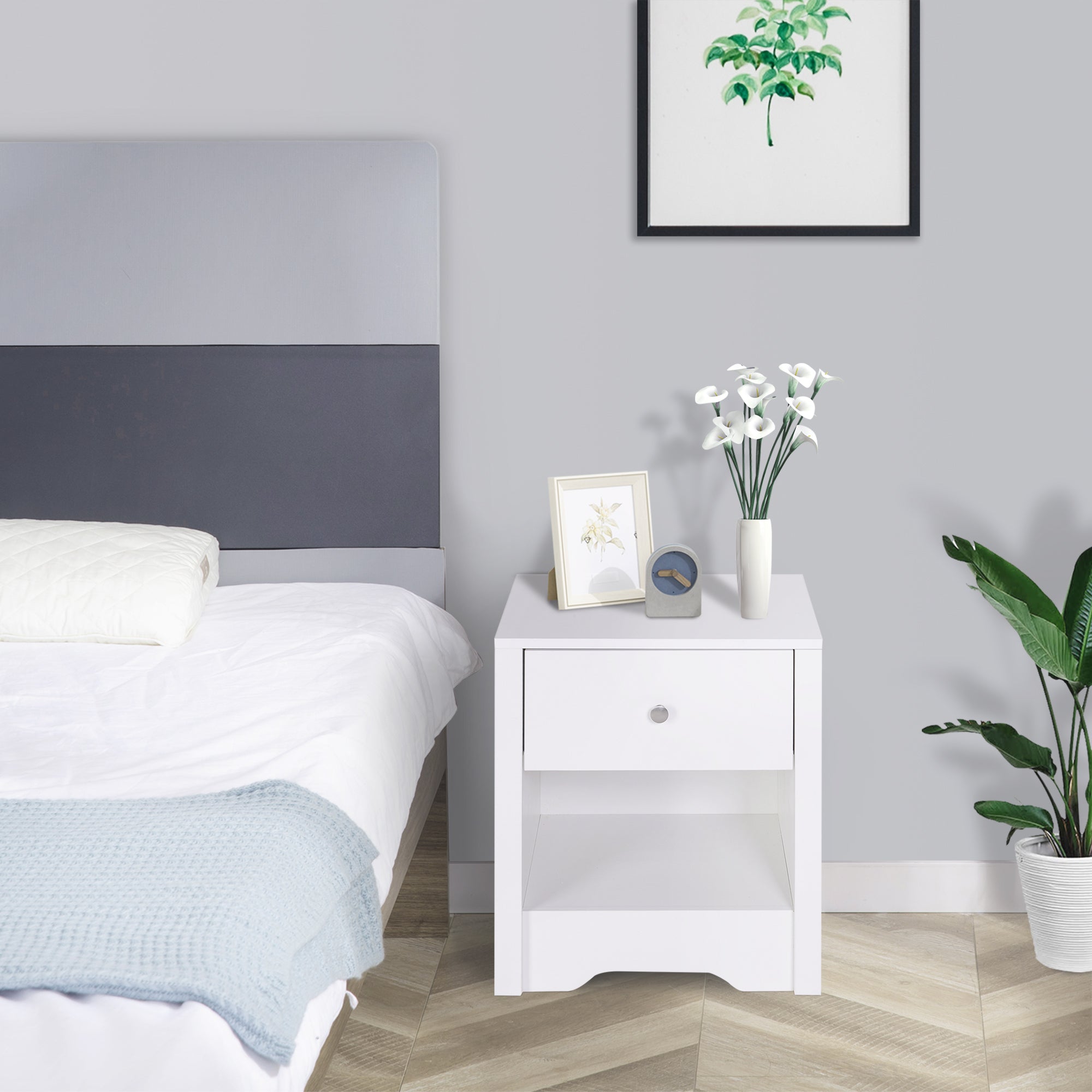 HOMCOM Modern Bedside Table, Nightstand with Drawer Shelf, End Table for Living room, Bedroom White 