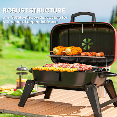 Outsunny Charcoal Barbecue Grill Folding BBQ Grill with 1232 cm² Cooking Area, Adjustable Vent, Thermometer, Handles for Camping Picnic, Red 
