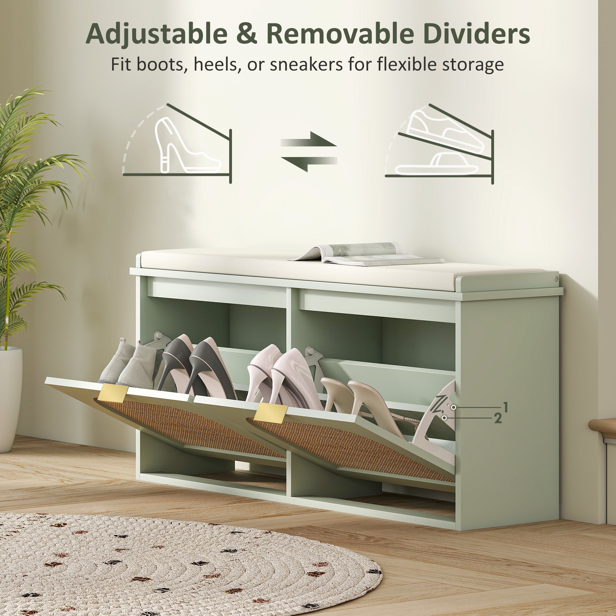 HOMCOM Boho Shoe Bench with Padded Seat and 2 Flip-Drawers - Light Green