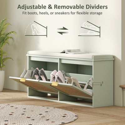 HOMCOM Boho Shoe Bench with Padded Seat and 2 Flip-Drawers - Light Green 