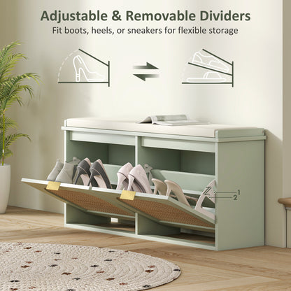 HOMCOM Boho Shoe Bench with Padded Seat and 2 Flip-Drawers - Light Green