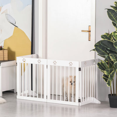 PawHut Freestanding Pet Gate 4 Panel Wooden Dog Barrier Folding Safety Fence with Support Feet up to 204cm Long 61cm Tall for Doorway Stairs White 