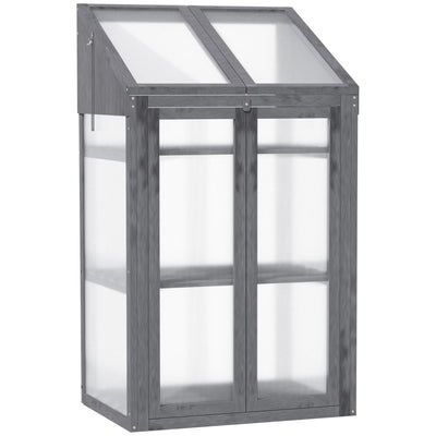 Outsunny Wooden Cold Frame Polycarbonate Greenhouse with Openable Top Cover and Double Door, Grow House for Flower, Vegetable and Plants, 70 x 50 x 120cm, Grey 