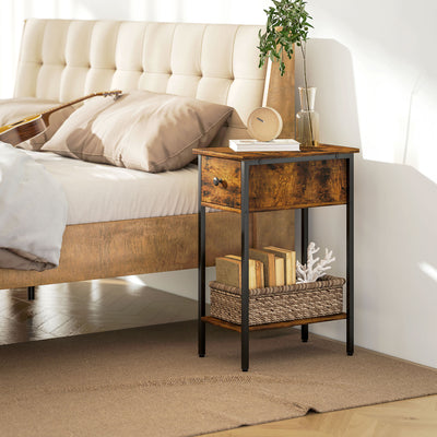 HOMCOM Narrow Side Table with Drawer and Storage Shelf - Rustic Brown 