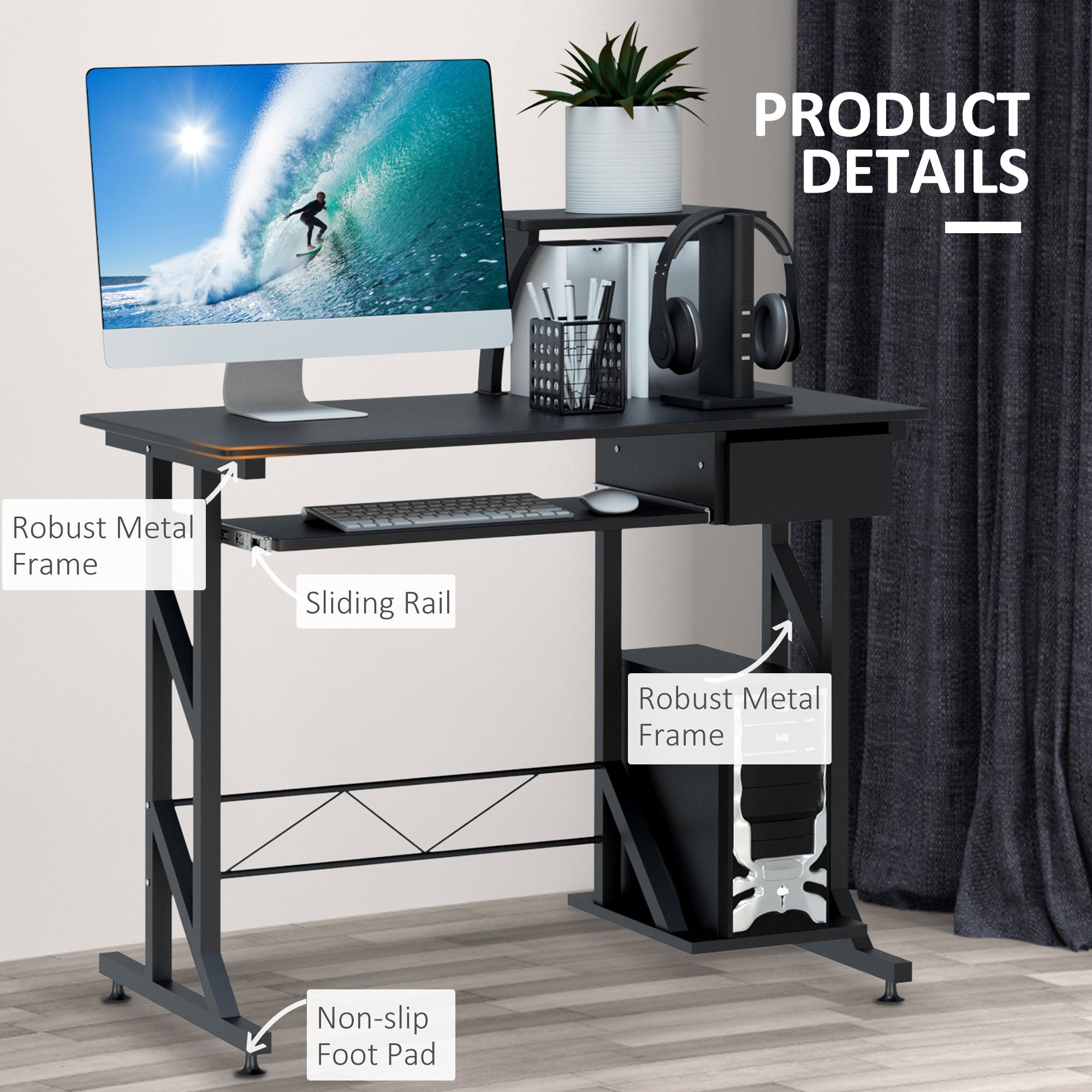 HOMCOM Computer Desk with Display Stand, Sliding Keyboard Tray Drawer and Host Box Shelf Home Office Workstation Black 