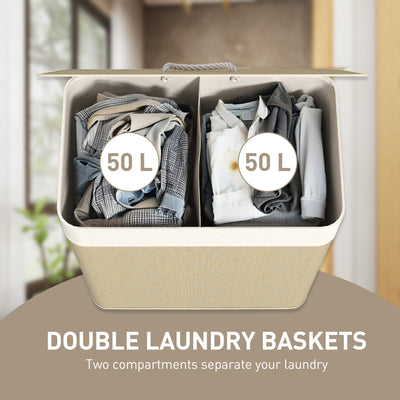 HOMCOM Double Laundry Basket with Lid, 100L Bamboo Laundry Hamper with Rope Handles, Washing Basket with Removable Liner for Bathroom, Bedroom, Cream White 