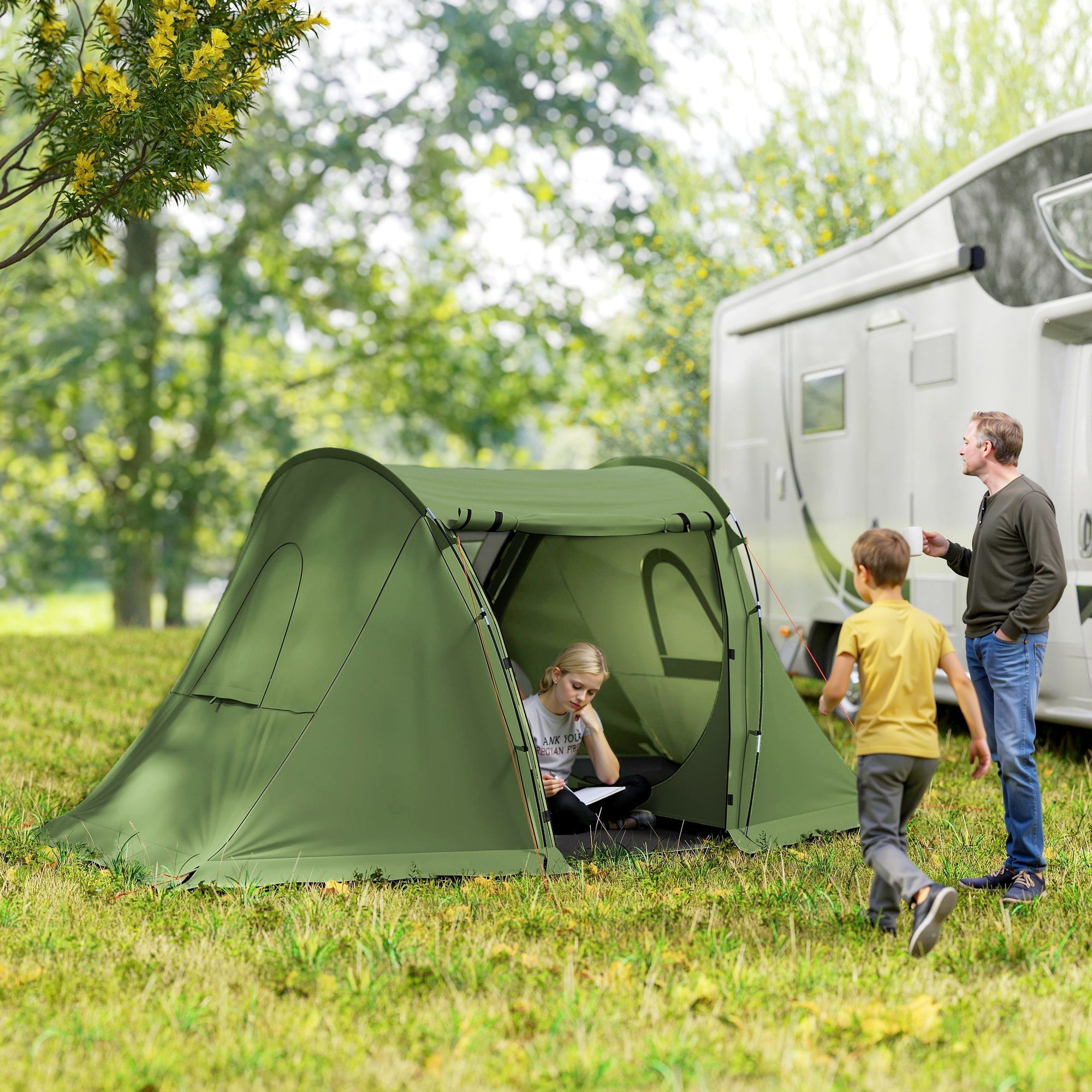 Outsunny 3 Man Camping Tent with Living Area and 2 Bedrooms, 3000mm Waterproof Family Tent with Sewn-in Groundsheet, Portable with Bag for Hiking, Festival, Backpacking, Green 