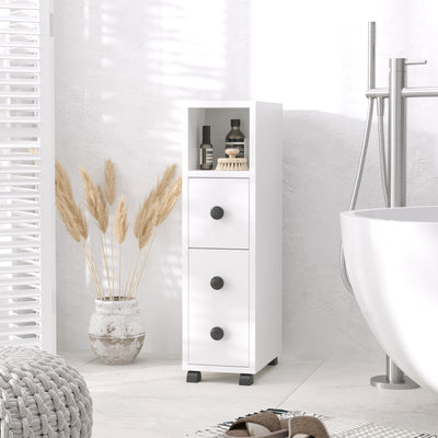kleankin Slimline Bathroom Storage Unit w/ 2 Drawers 2 Open Compartments Wheels Handles Freestanding Compact Home Office Furniture White 