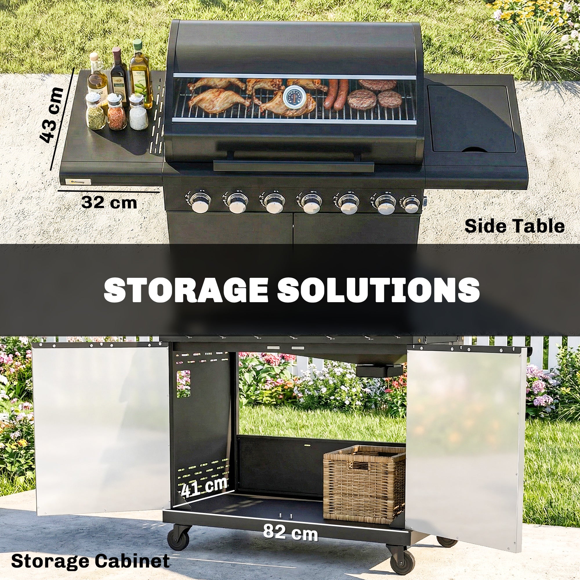 Outsunny 6+1 Burner Gas BBQ Grill, Outdoor Barbecue Trolley with Wheels, Warming Rack, Thermometer, Bottle Opener, Black 