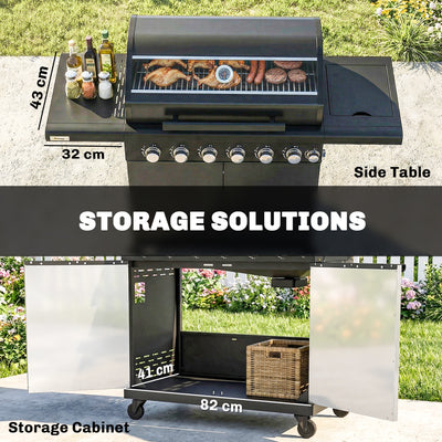 Outsunny 6+1 Burner Gas BBQ Grill, Outdoor Barbecue Trolley with Wheels, Warming Rack, Thermometer, Bottle Opener, Black 