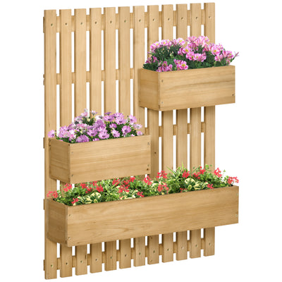 Outsunny Wall-mounted Wooden Garden Planters with Trellis, Drainage Holes and 3 Planter Boxes for Patio, Natural 