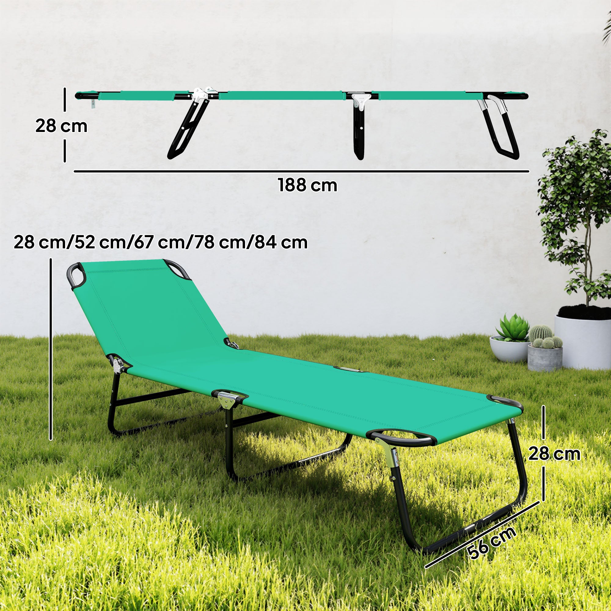 Outsunny Foldable Sun Lounger with 5-Position Adjustable Backrest, Outdoor Portable Recliner Chaise Lounge Chair, Green 