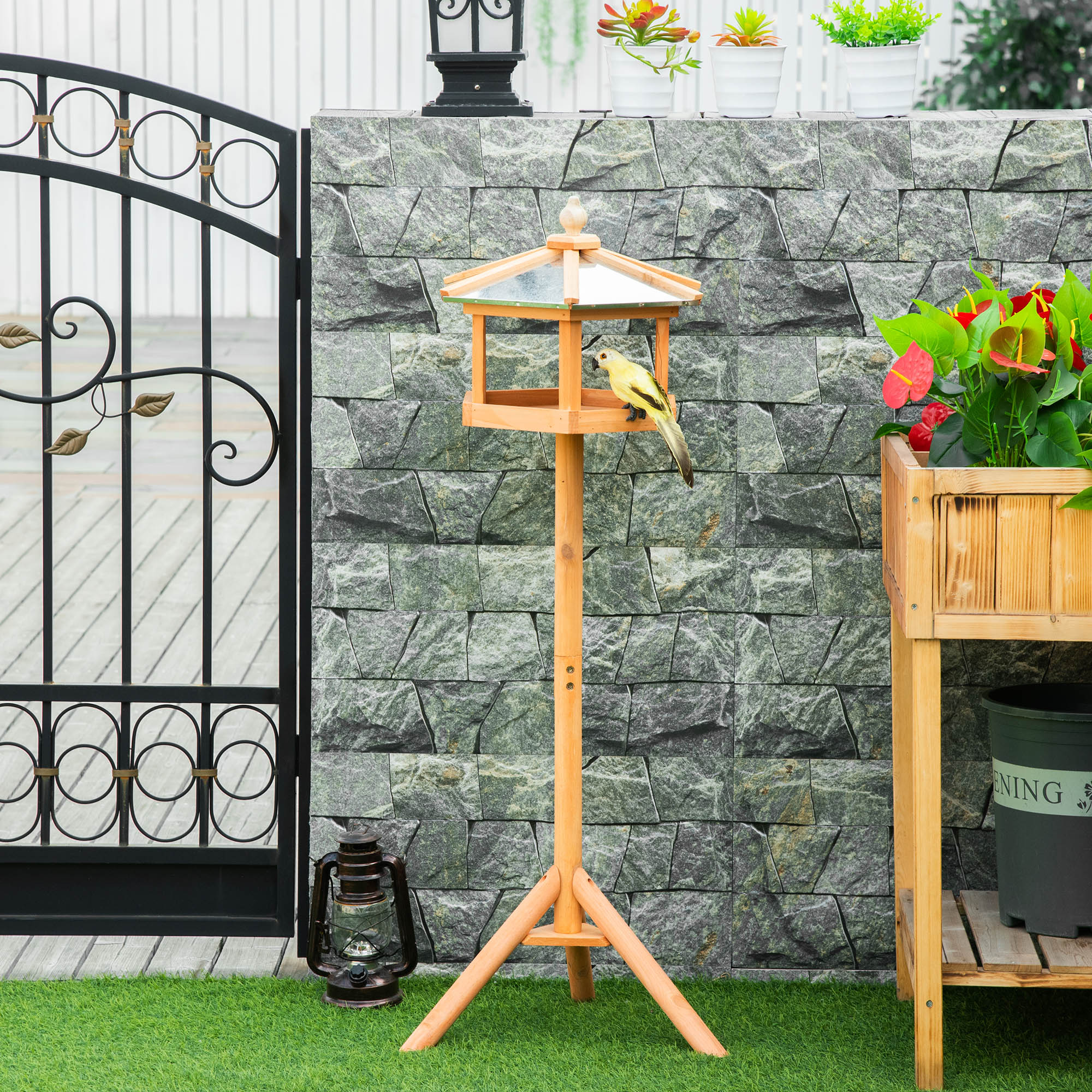 PawHut Wooden Bird Table Free Standing Feeder Garden Sheltered Feeding Station Parrot Stand Birdhouse Φ40x113cm 