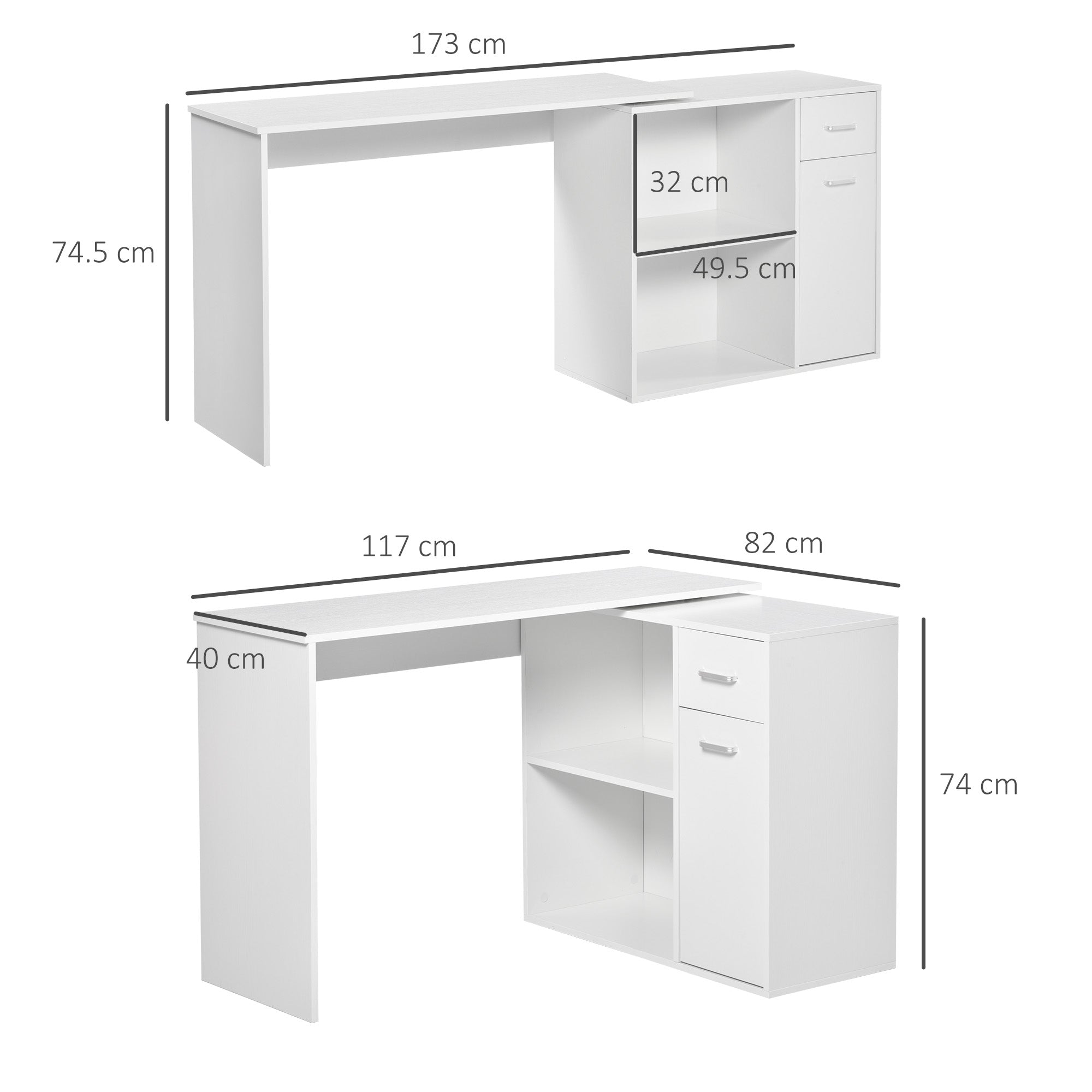 HOMCOM L-Shaped Desk, Corner Computer Desk, Adjustable Study Table with Storage Shelf, Drawer and Cabinet, Workstation for Home Office, White Wood Grain 