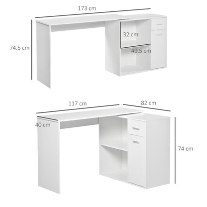 HOMCOM L-Shaped Desk, Corner Computer Desk, Adjustable Study Table with Storage Shelf, Drawer and Cabinet, Workstation for Home Office, White Wood Grain 