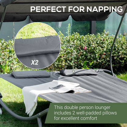 Outsunny Double Hammock Sun Lounger Bed with Canopy Shelter, Wheels & 2 Pillows, Grey 