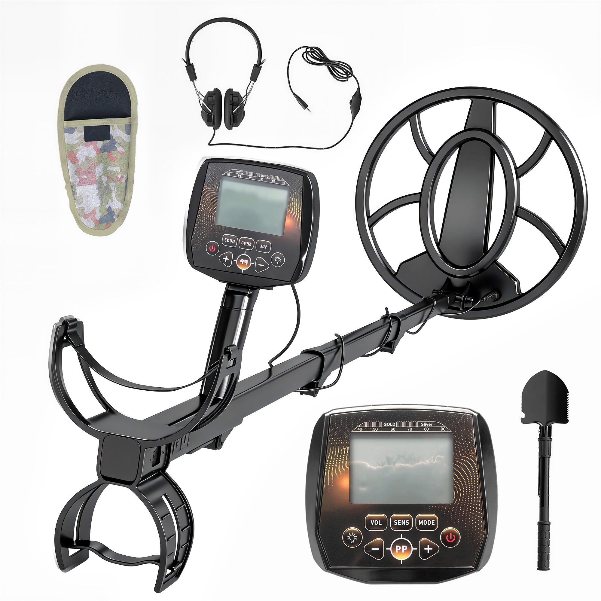 Outsunny Metal Detector for Adults, IP68 Waterproof Search Coil with LCD Display, 5 Modes Gold Detector with Carry Bag, Shovel 