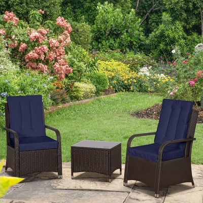 Outsunny 3 Pieces Rattan Bistro Set with Furniture Cover, Wicker Garden Furniture Set, Glass Top Coffee Table and Chairs with Cushions for Outdoor, Patio, Balcony, Dark Blue 