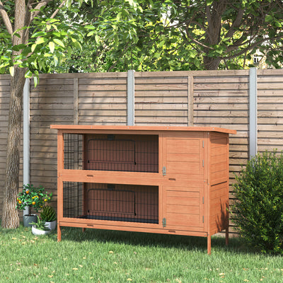 PawHut Rabbit Hutch Outdoor Guinea Pig Hutch Bunny Cage with No-Leak Trays, Divider, 136 x 50 x 93cm, Orange 