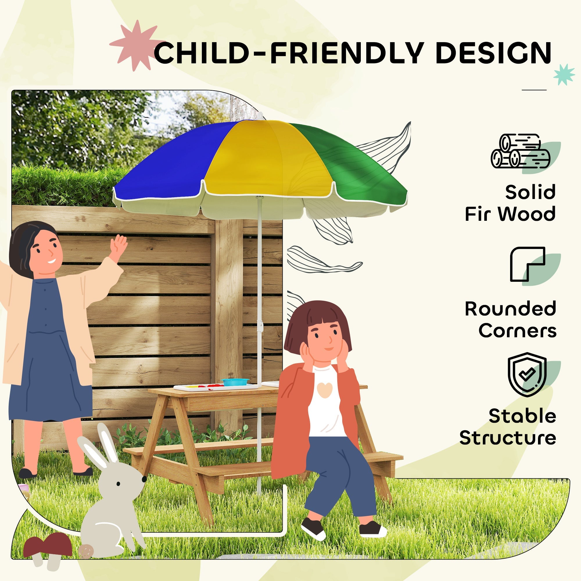 AIYAPLAY Kids Picnic Table, Sand and Water Table with Wooden Benches, Adjustable Parasol and Storage Bins, Multicolour 