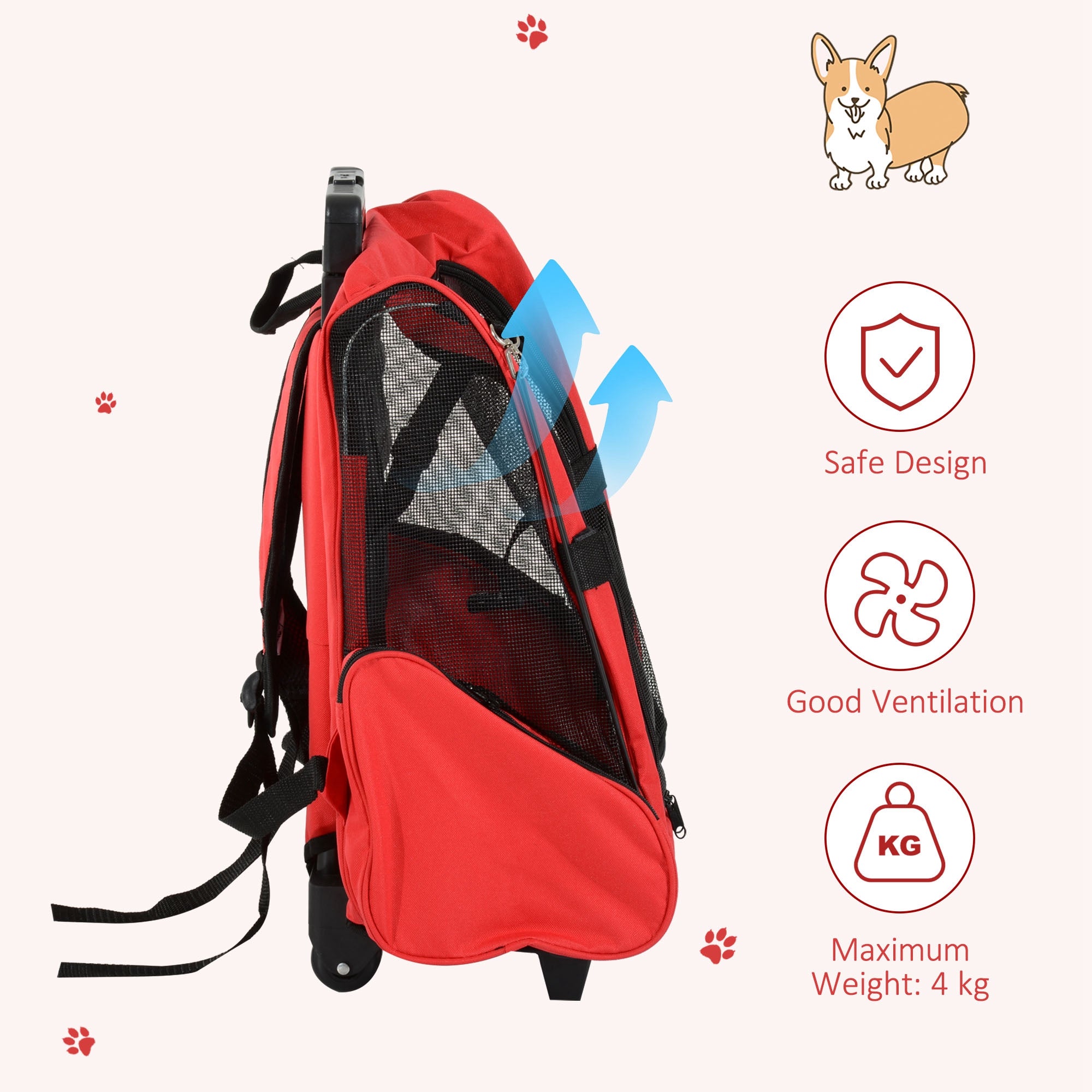 PawHut Pet Travel Backpack Bag Cat Puppy Dog Carrier w/ Trolley and Telescopic Handle Portable Stroller Wheel Luggage Bag (Red) 