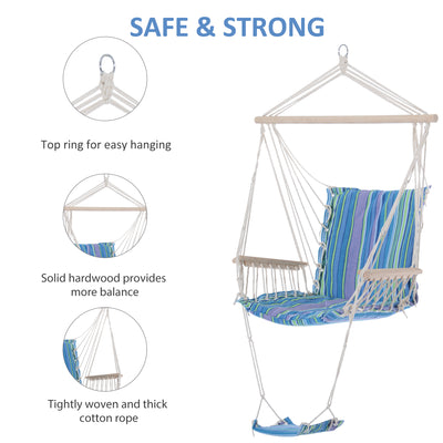 Outsunny Hanging Rope Chair with Soft Padded Seat & Backrest, Portable Garden Hammoc Chair with Wooden Support Bar, Armrests, Cotton Cloth, Footrest, for Patio & Tree, Blue 