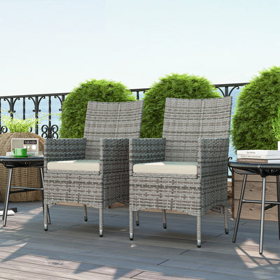 Outsunny 2 Pieces Rattan Garden Chairs Dining Chair Set with Cushion, Mixed Grey 