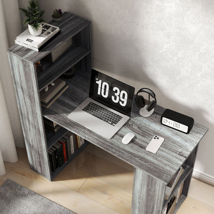 HOMCOM 120cm Modern Computer Desk Bookshelf Study Table Workstation PC Laptop Writing Home Office 6 Shelves, Grey Wood-Effect 