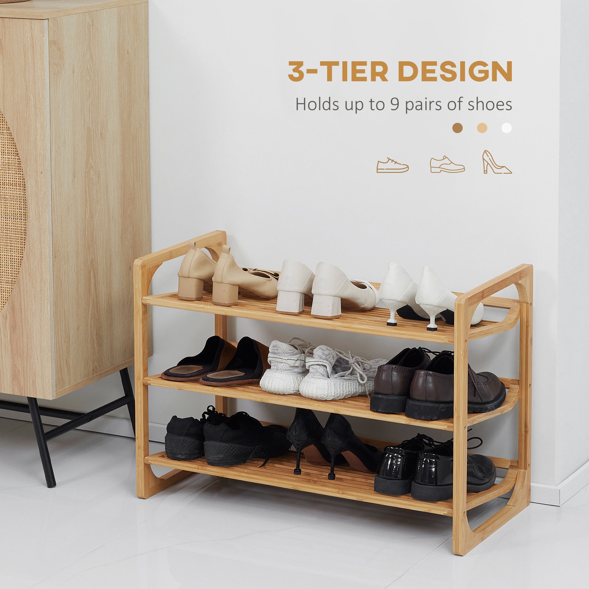 HOMCOM 3-Tier Shoe Rack, Bamboo Shoe Storage Organizer with Slatted Shelves, Free Standing Shoe Shelf Stand for 9 Pairs of Shoes for Entryway, Hallway, Natural 