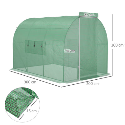 Outsunny Large Polytunnel Walk In Greenhouse, Plant Gardening Tunnel Green House with Metal Hinged Door, Galvanised Steel Frame & Mesh Windows, Green (3 x 2 m) 