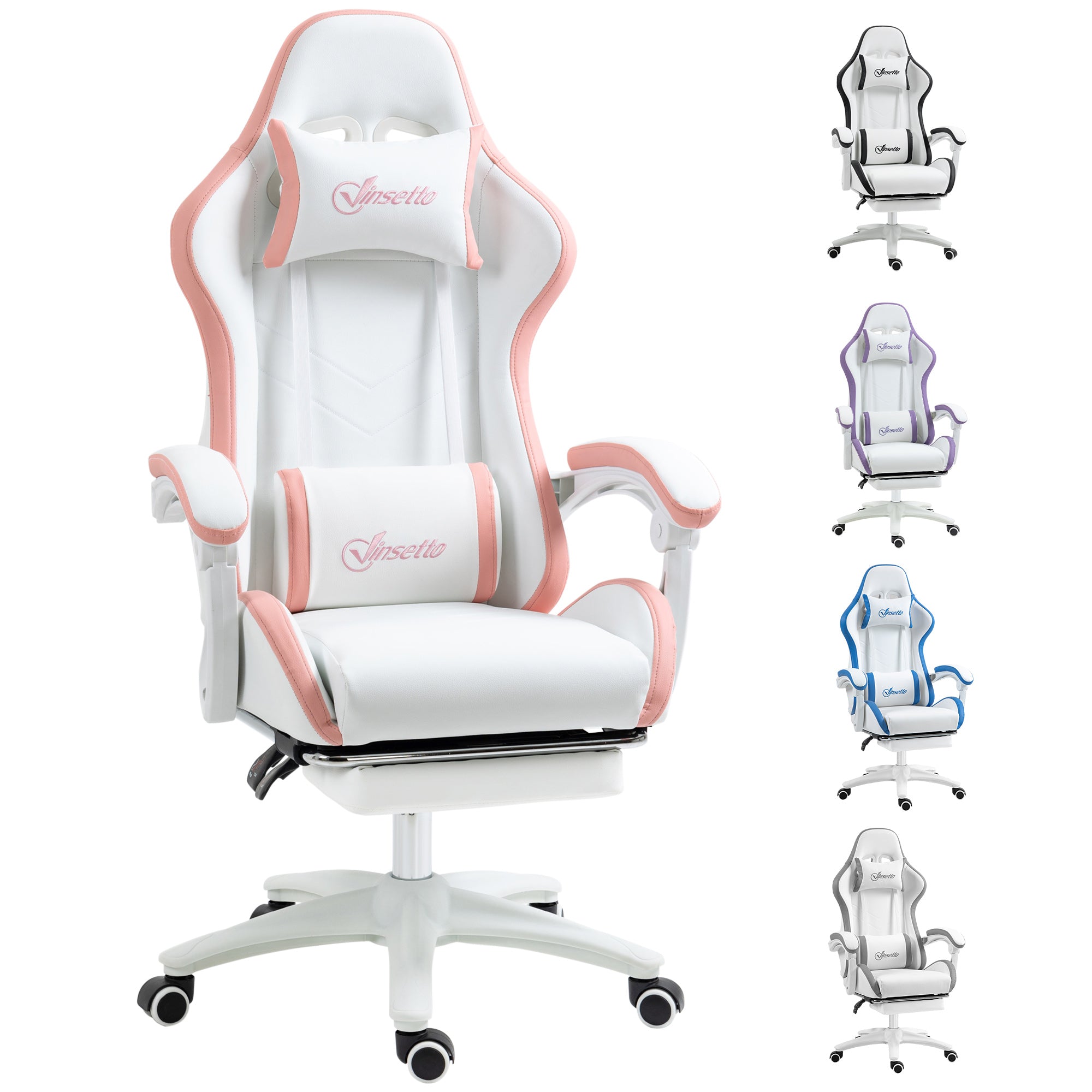 Vinsetto Computer Gaming Chair, PU Leather Desk Chair with Footrest, Swivel Task Chair with 135\'c2\'b0 Reclining Back and Lumbar Support, PC Chair for Adults, White and Pink