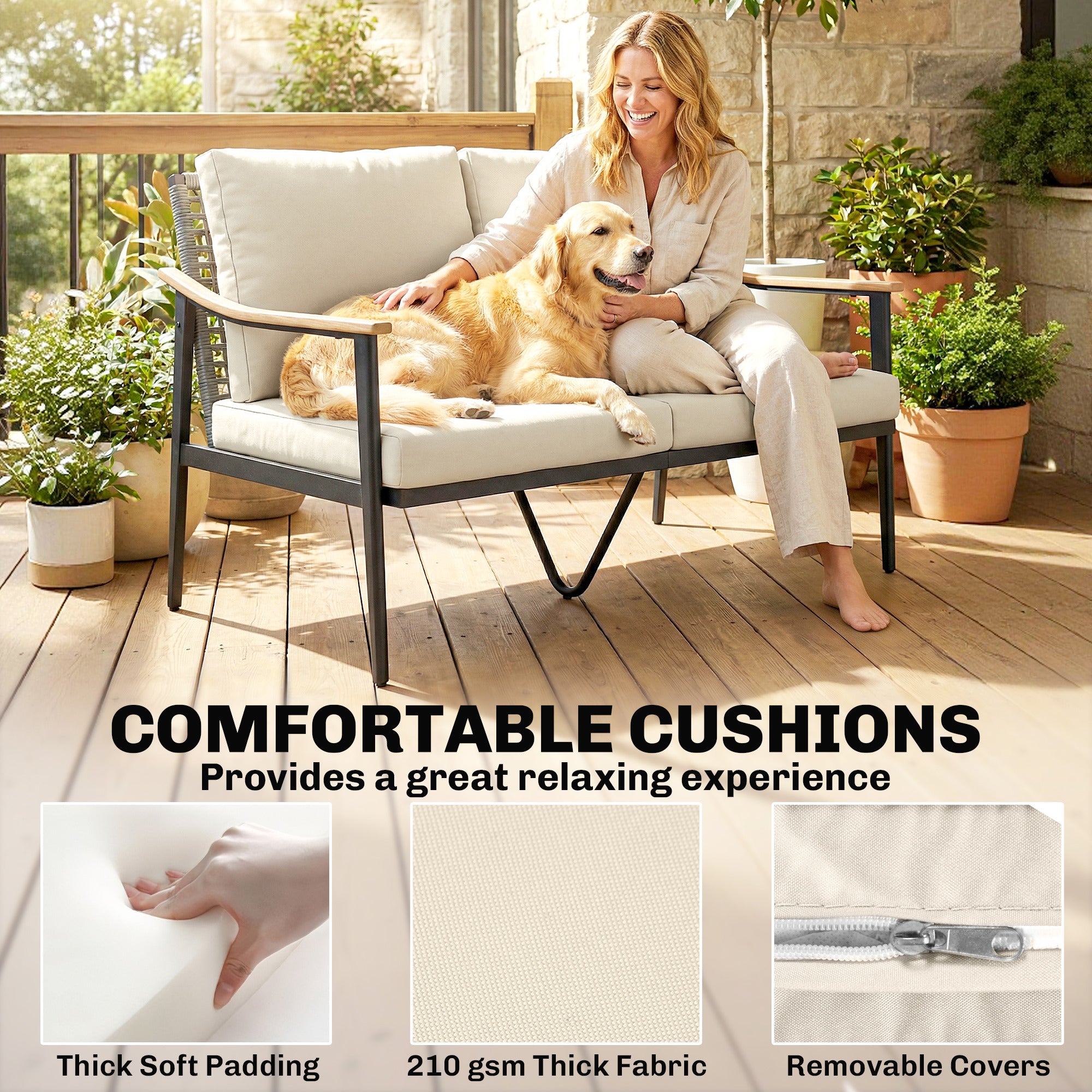 Outsunny 2 Seater Rattan Sofa, Outdoor Garden Sofa with Wood-Effect Armrests, Cushions for Patio, Balcony, Khaki 