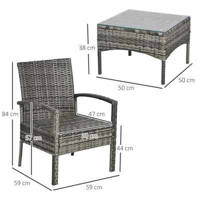Outsunny 3 Pieces Rattan Bistro Set, Wicker Garden Furniture Set with Glass Top Coffee Table and Chairs, Washable Cushions for Outdoor, Patio, Balcony, Mixed Grey 