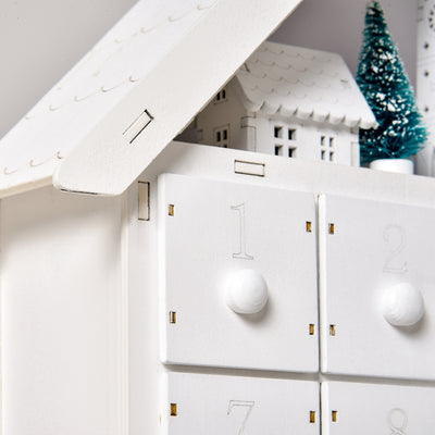 HOMCOM 24-Drawer Christmas Advent Calendar, Wooden Light-Up Traditional Decoration, Adults Kids Countdown Holiday House w/ Lights Handle White 