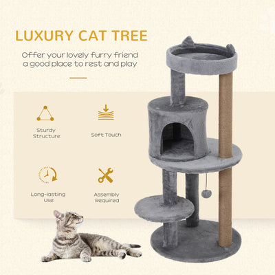 PawHut 104 cm Cat Tree, Cat Condo Tree Tower, Cat Activity Centre with Scratching Posts, Plush Perch, Hanging Ball - Grey 