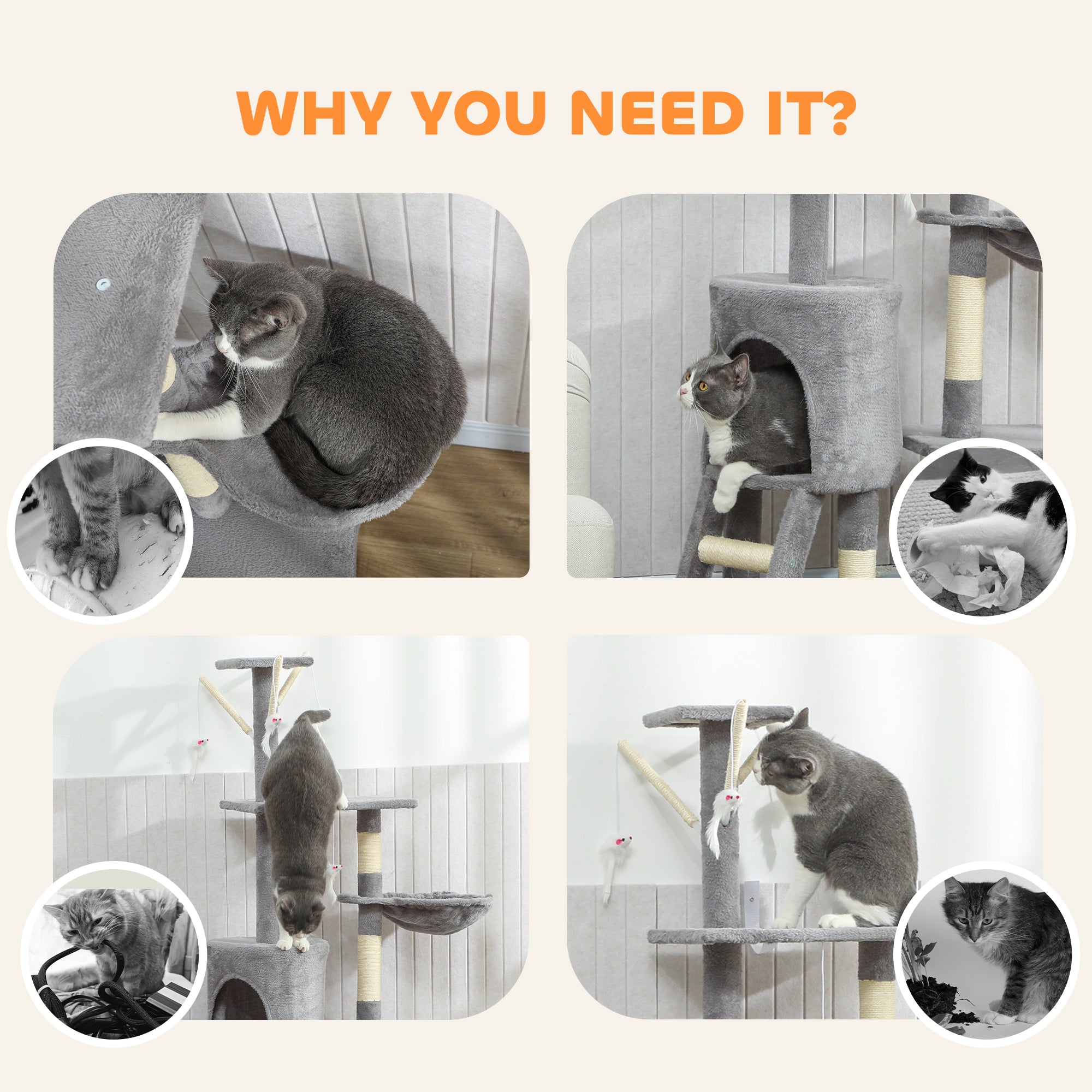 PawHut Multi-Level Cat Tower, 134cm Cat Tree with Condo and Sisal Scratching Posts for Indoor Kittens, Grey 