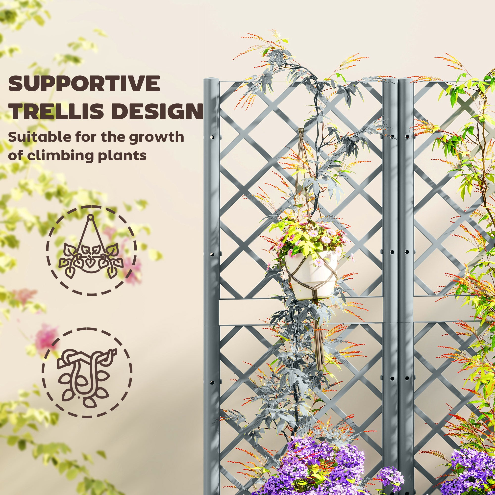 Outsunny Raised Garden Bed with Trellis, Plastic Planter Box with Drainage Holes, Drain Plugs and Water Reservoirs for Climbing Plants, Vegetables, Flowers, Grey 