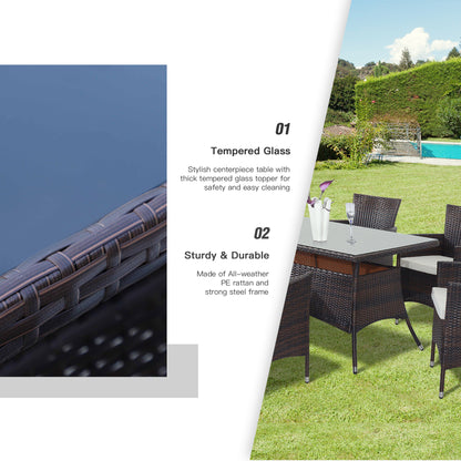 Outsunny 6 Seater Rattan Dining Set with Cushions, Rattan Garden Furniture Set with 6 Armchairs, Rectangular Glass Top Table, Outdoor Dining Table and Chairs, Brown 