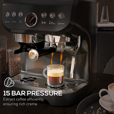 HOMCOM 15 Bar Coffee Machine, with Adjustable Grind, Steamer and Accessories 