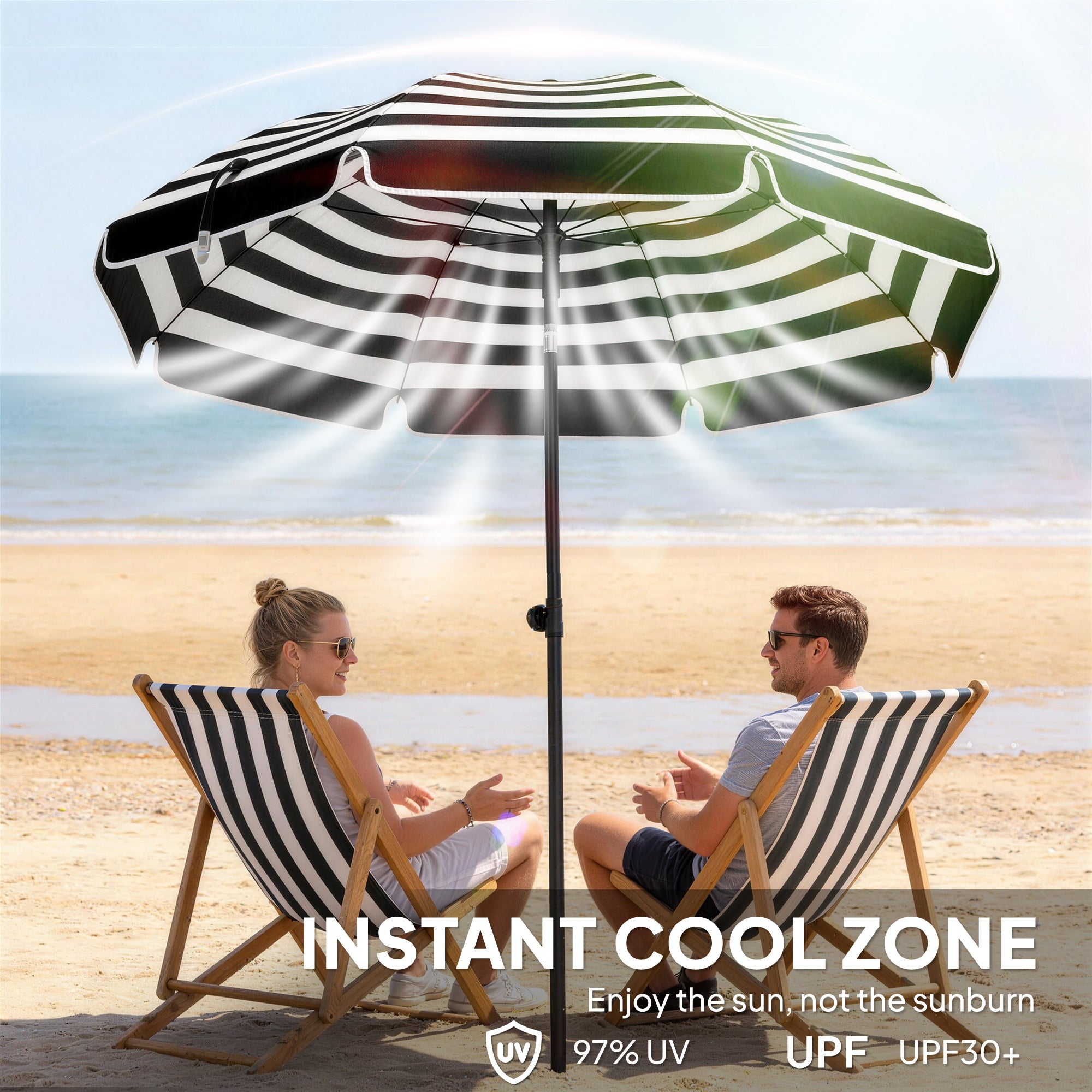 Outsunny 1.8 m Beach Umbrella Parasol with Sand Anchor, Portable 30° Tilting Patio Sun Shade with Adjustable Height, Grey/White 