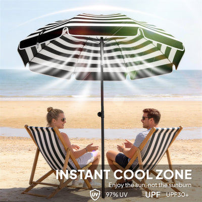 Outsunny 1.8 m Beach Umbrella Parasol with Sand Anchor, Portable 30° Tilting Patio Sun Shade with Adjustable Height, Grey/White 